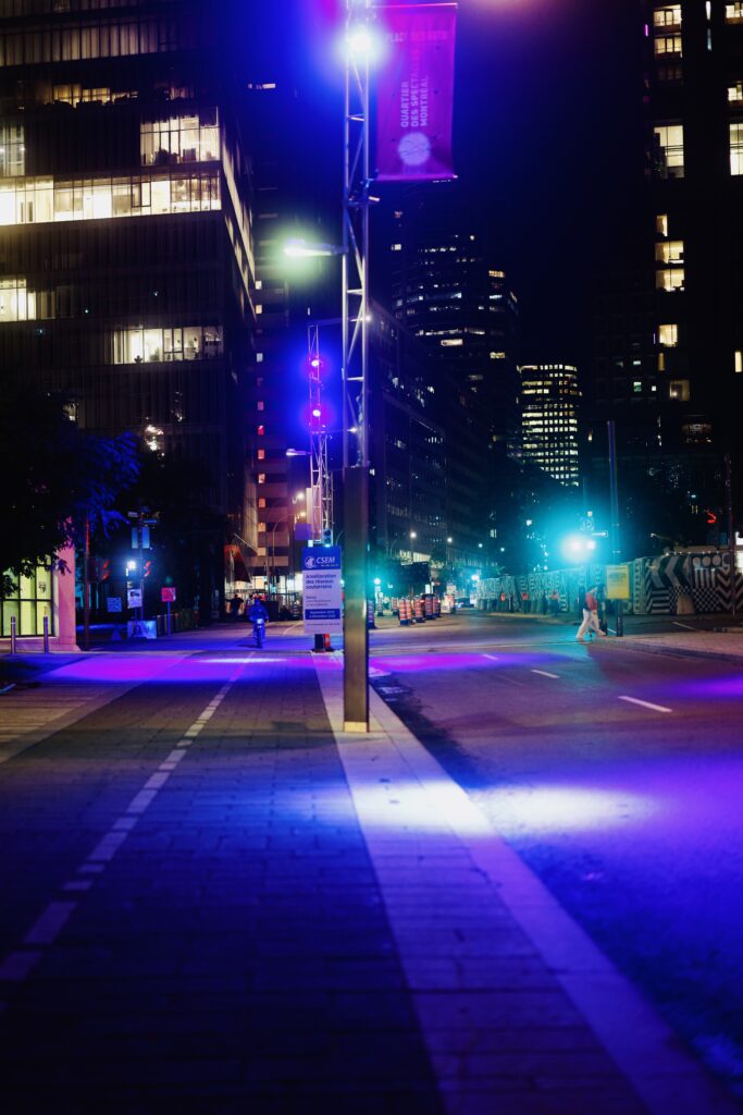 Shot on boulevard De Maisonneuve using the Canon R5 Mark II, with RF 50mm f1.2 L USM lens, at f1.2 aperture, shutter speed of 1/100s, ISO 1250, B+W 1/4 black mist filter.